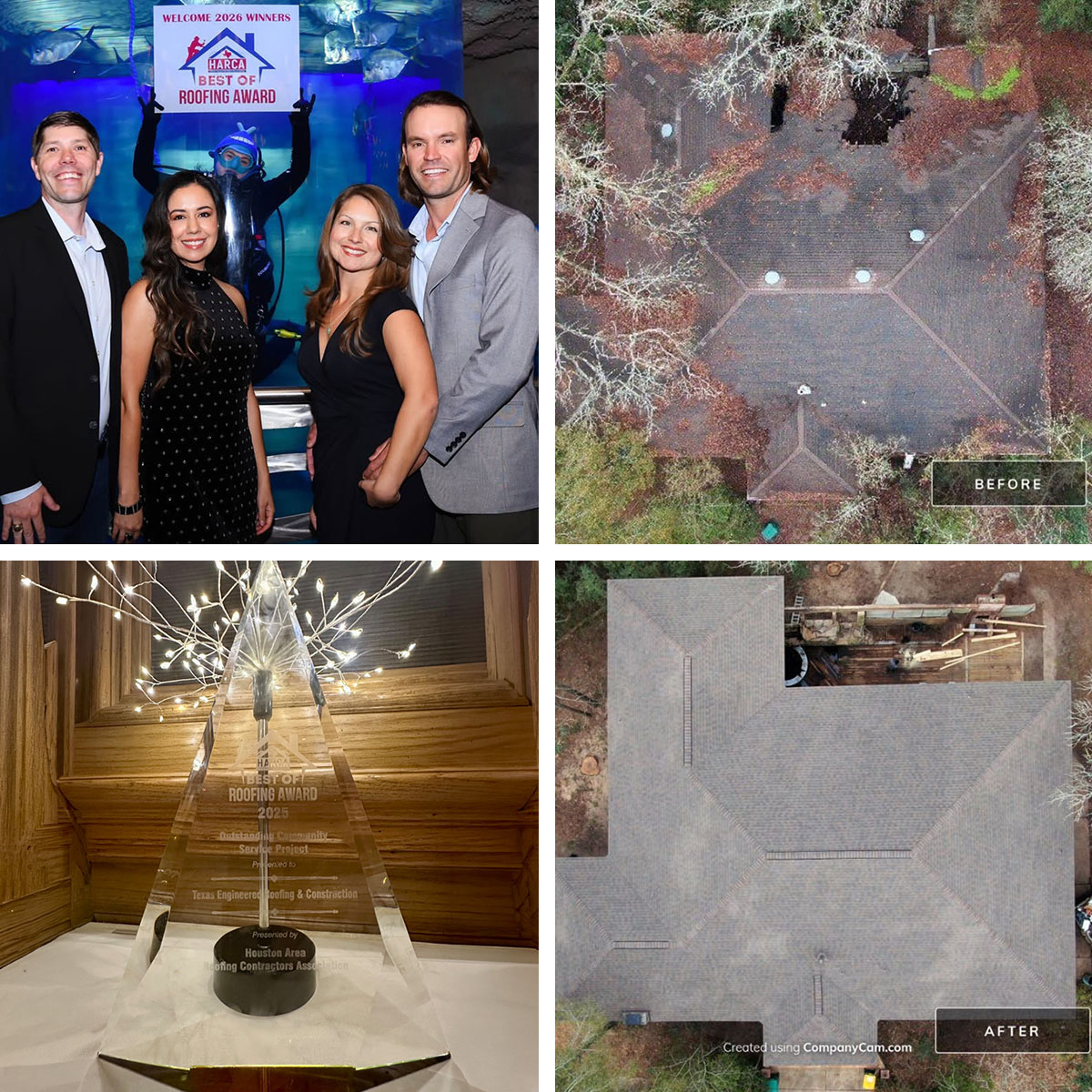 Collage of the Texas Engineered Roofing team at an awards event, an award trophy, and a before and after roof replacement
