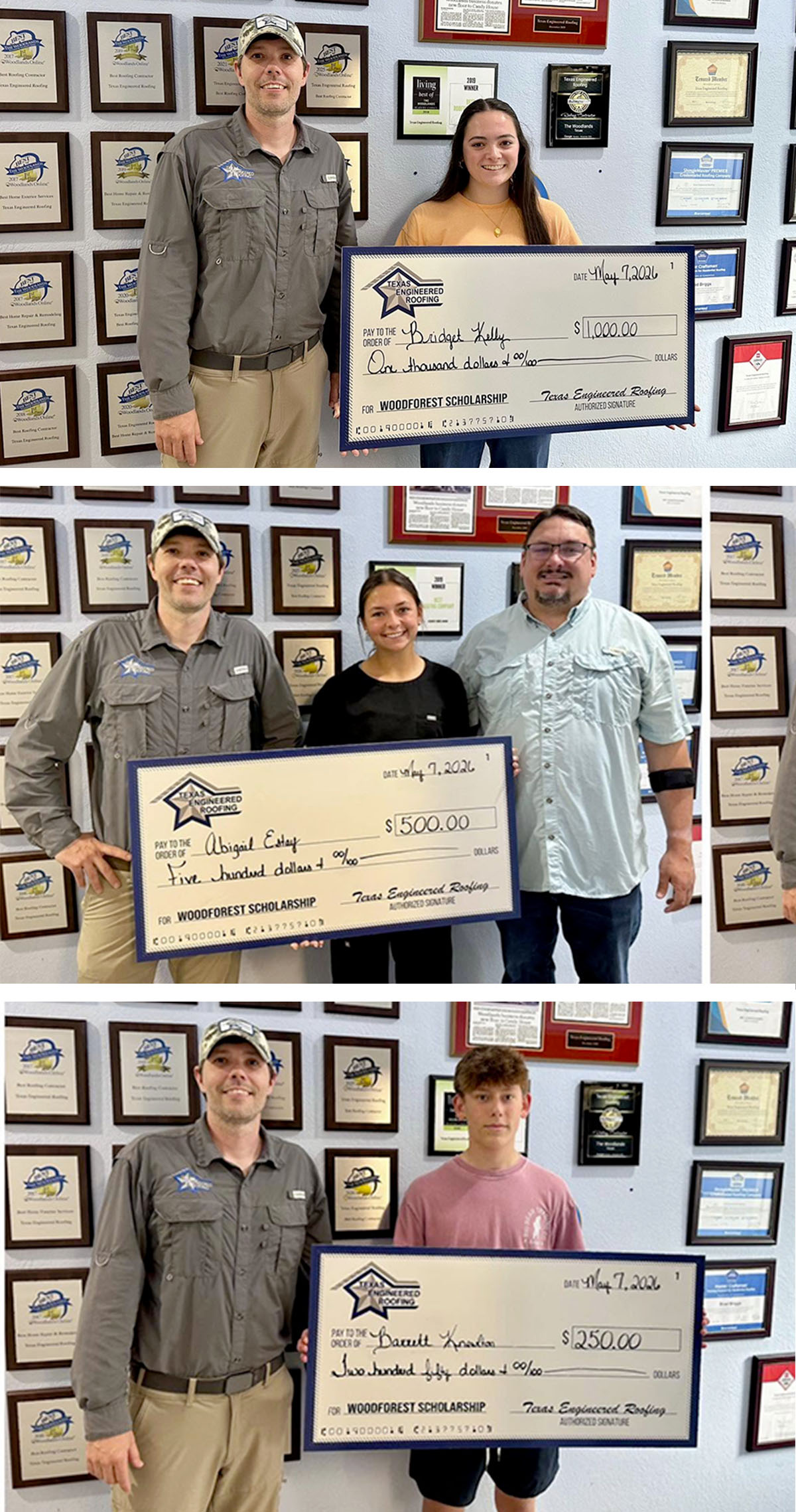 Texas Engineered Roofing representative presenting oversized scholarship checks to three students in front of an awards wall