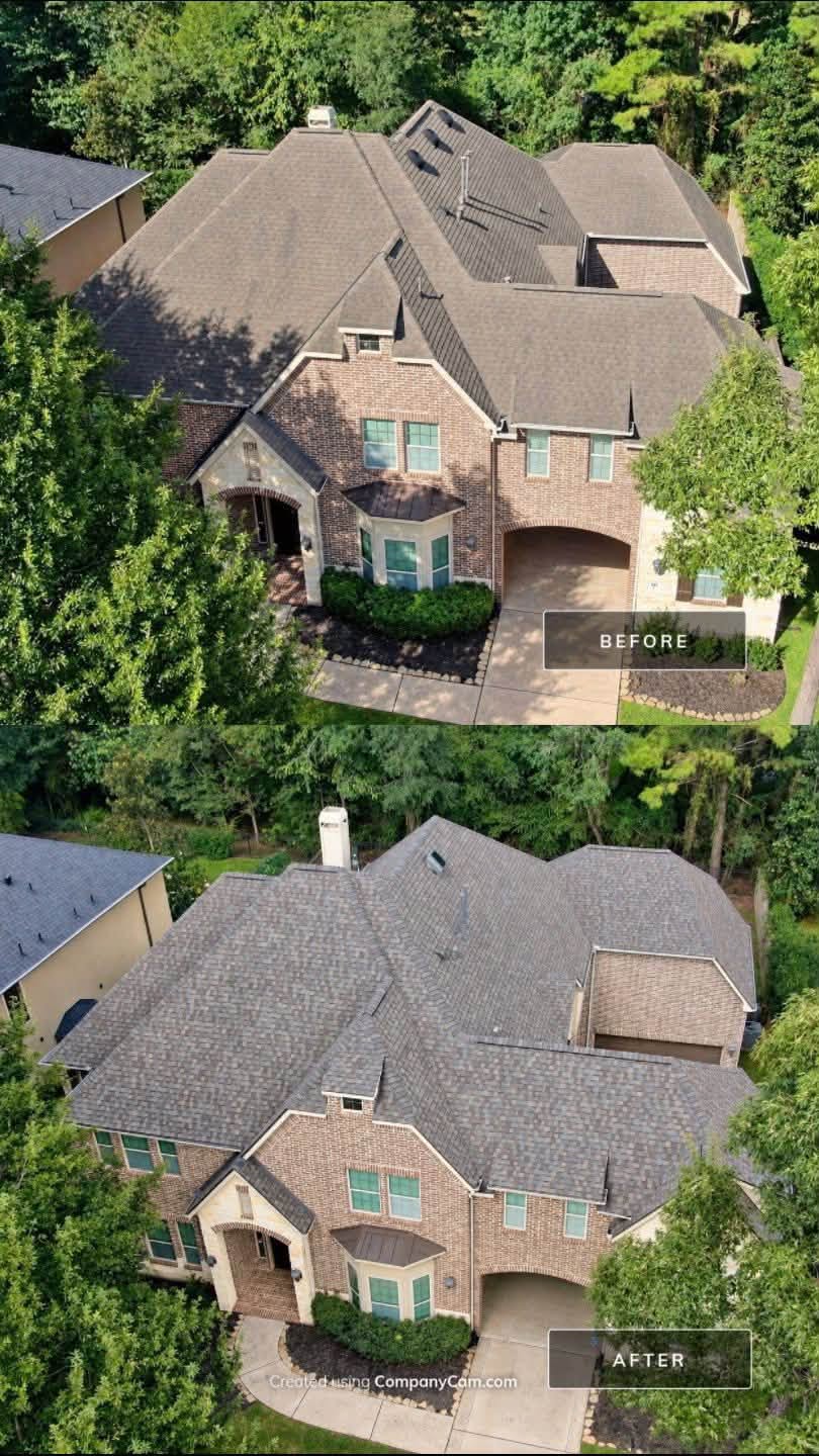 Before and after aerial comparison of a two-story brick home roof replacement surrounded by trees