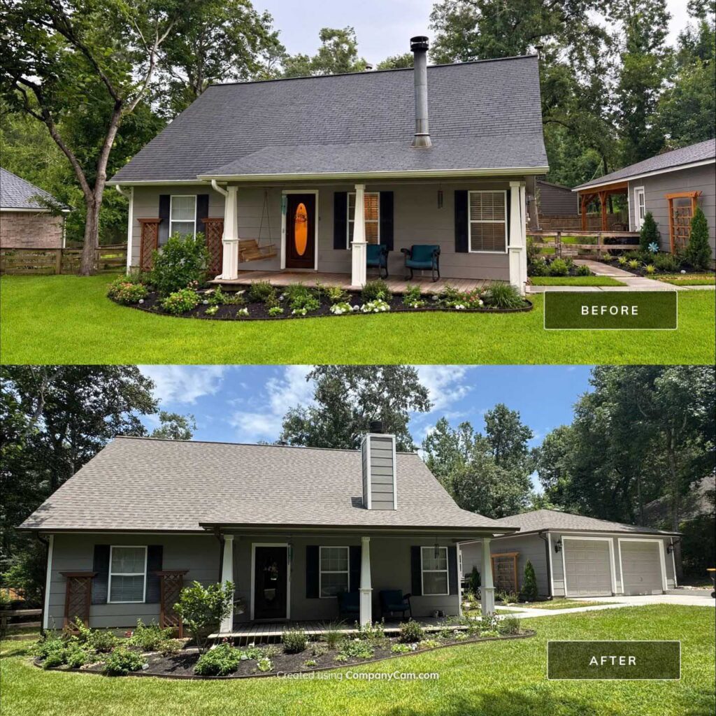 Before and after photos of a single-story ranch home with a covered front porch following a shingle roof replacement