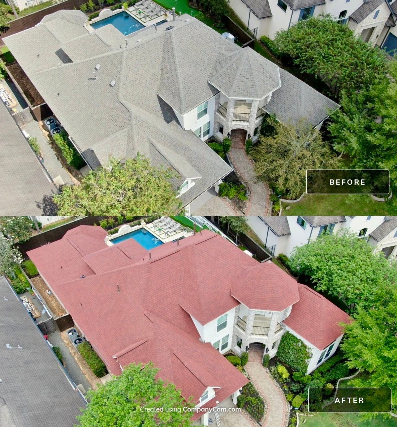 Before and after aerial comparison of a home whose red roof was replaced with a new light gray shingle roof