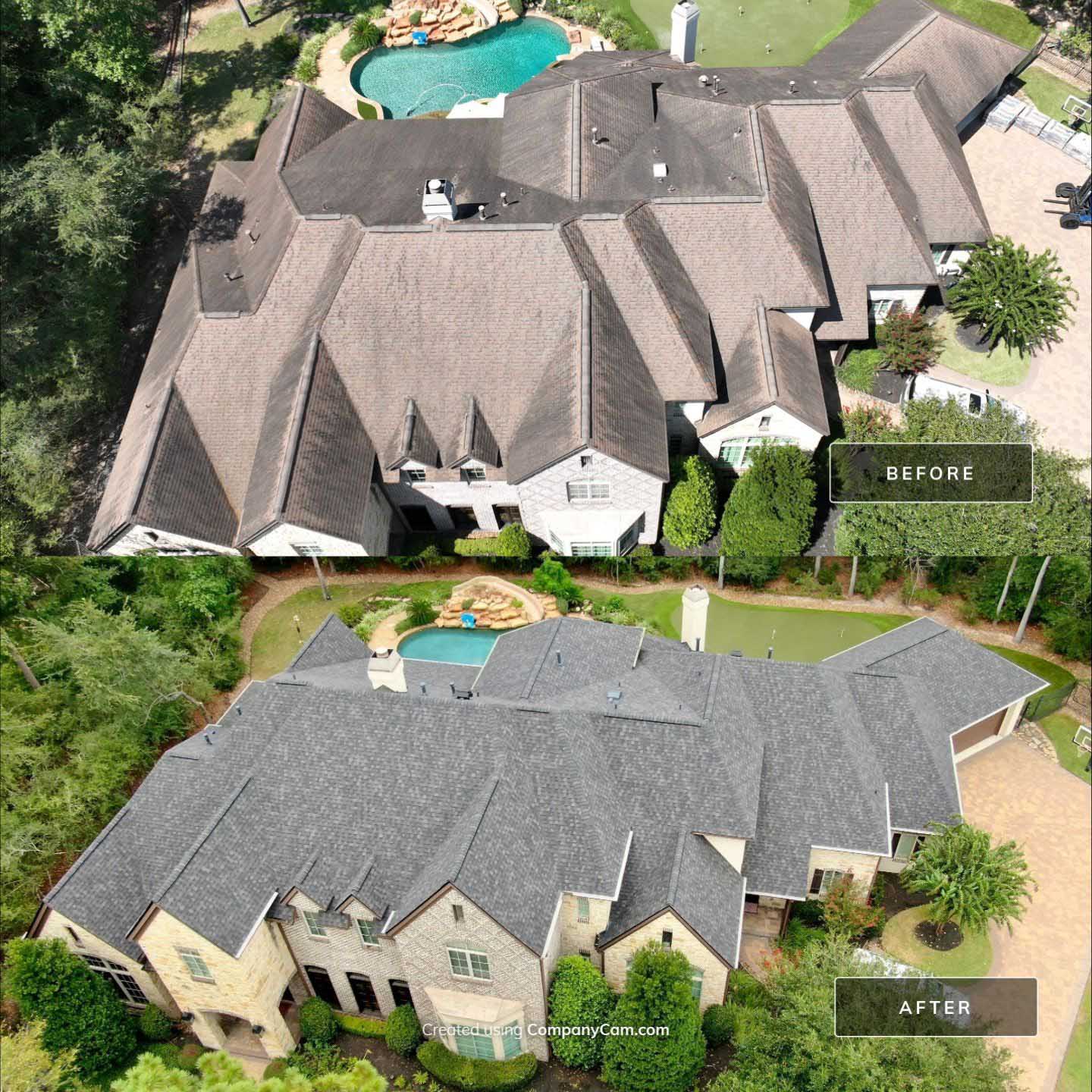 Before and after aerial comparison of a roof replacement on a large two-story home with a pool