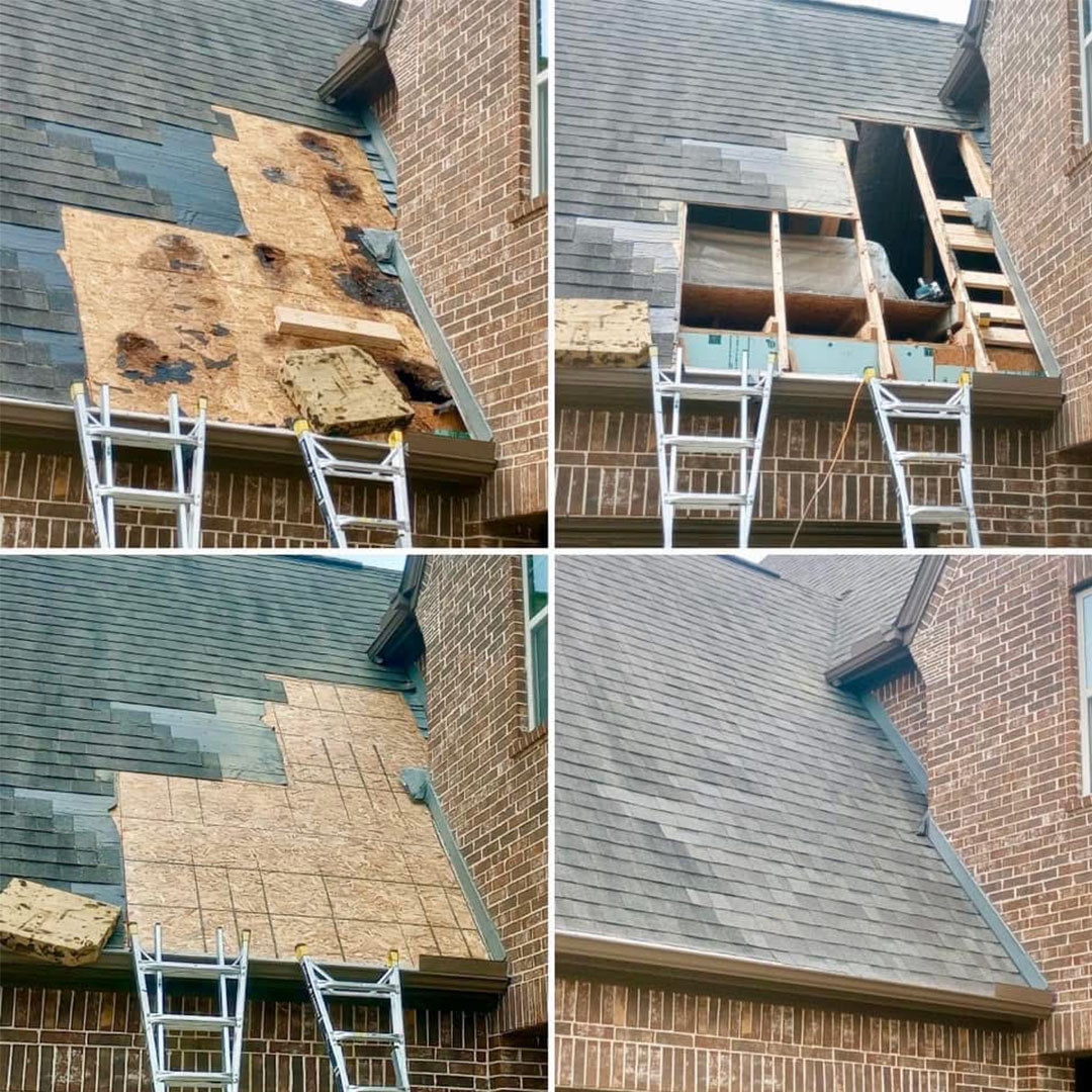 Four-photo sequence of a roof leak repair on a brick home, from damaged decking removed to new shingles installed