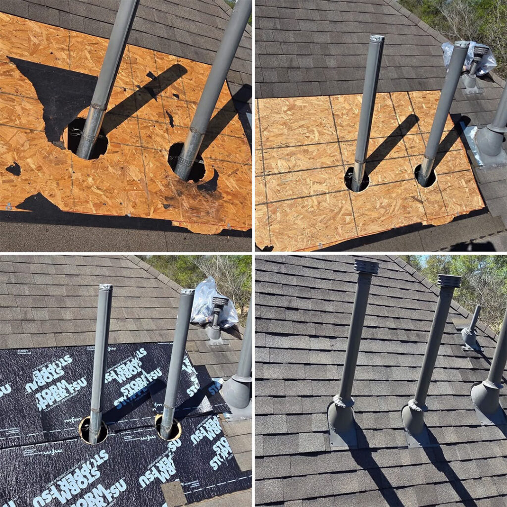 Photo grid showing roof vent pipes during repair, from bare decking and underlayment to new shingles