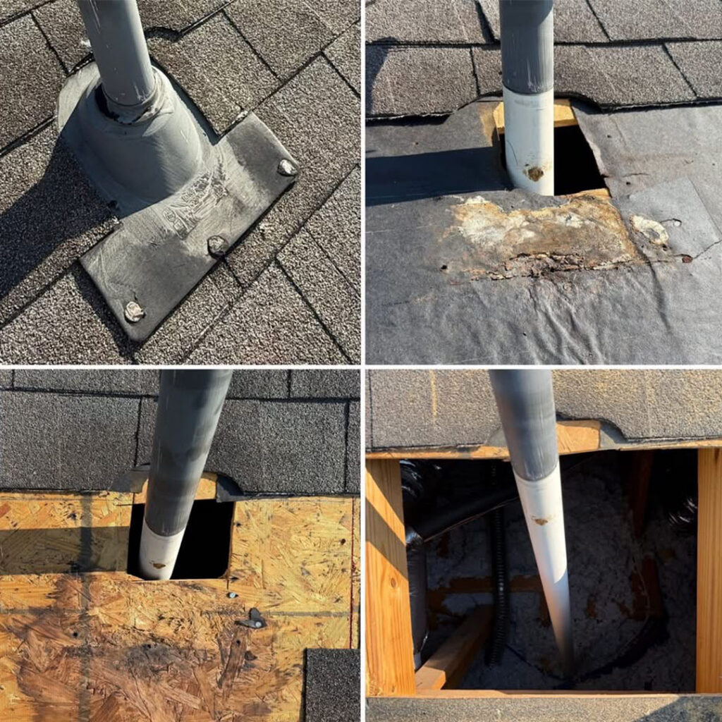 Photo grid showing a damaged roof pipe flashing, exposed decking, and the repaired vent pipe