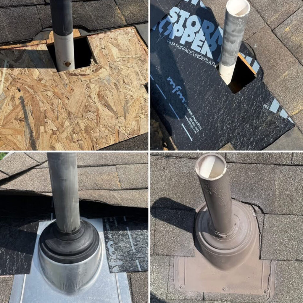Four-step photo sequence of a roof pipe boot replacement, from exposed decking to new flashing installed