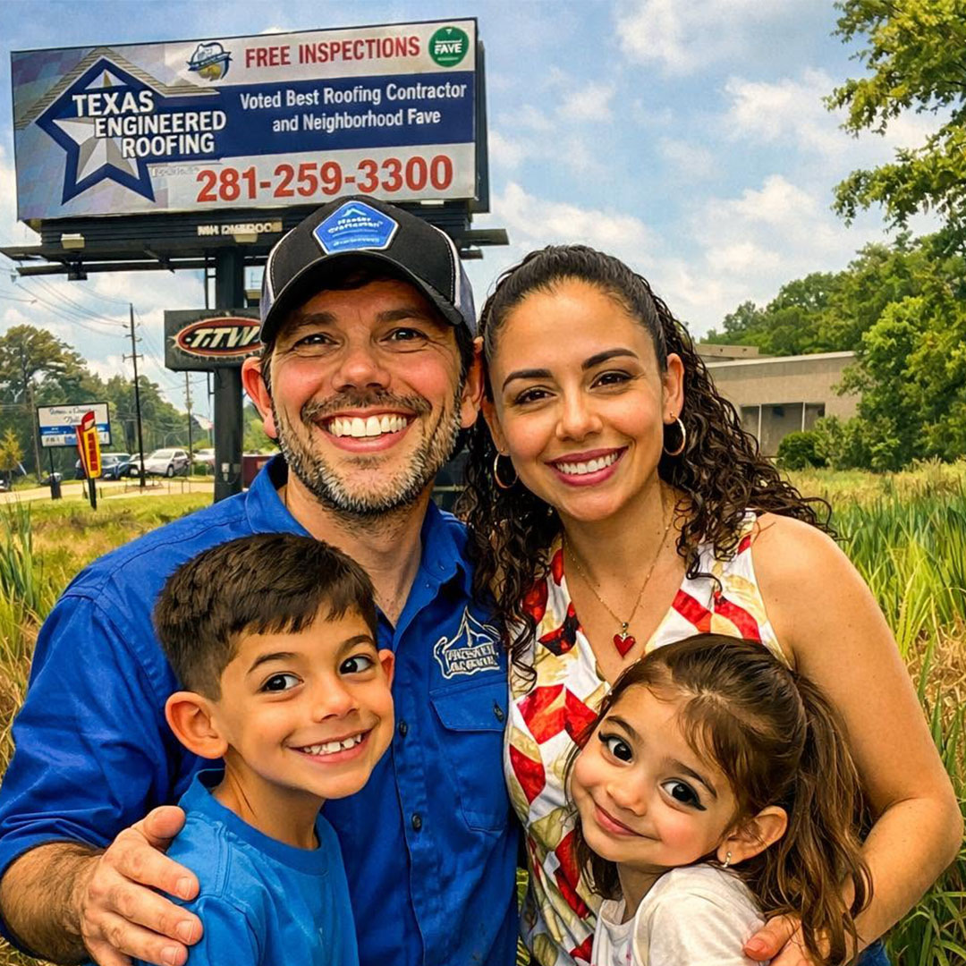 Smiling family of four in front of a Texas Engineered Roofing free inspections billboard